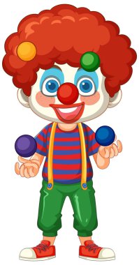 Neşeli bir palyaço renkli toplarla hokkabazlık yapıyor.