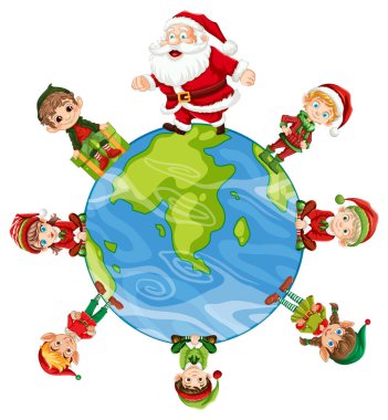 Noel Baba ve elfler yeryüzünde duruyor.
