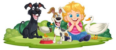 Parkta köpek ve ördekleri olan bir çocuk.