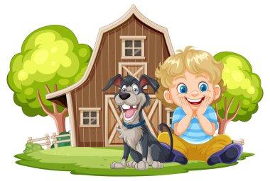 Mutlu çocuk ve köpek birlikte oturuyor.