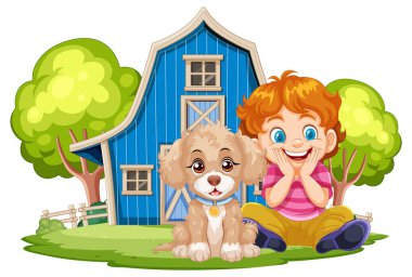 Mutlu çocuk ve köpek birlikte oturuyor.