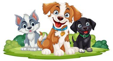 Çimlerin üzerinde oturan üç sevimli köpek yavrusu