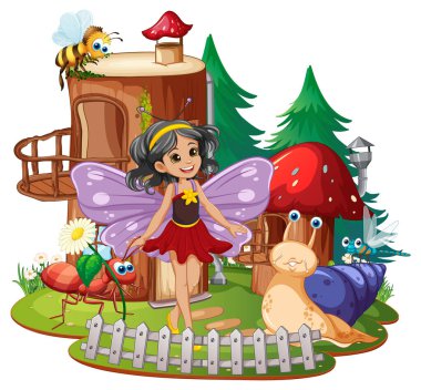 Fairy with insects in a whimsical forest clipart