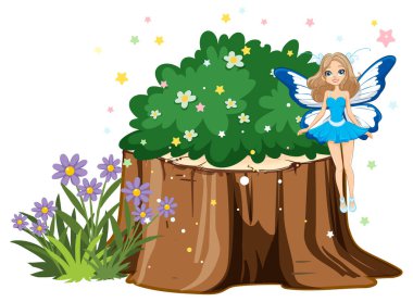 Sihirli bir ağaç kütüğünün yanında gezinen bir peri