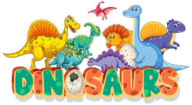 Neşeli ifadeleri olan parlak karikatür dinozorları.