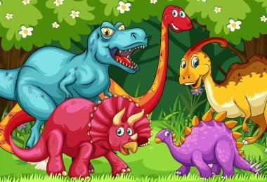 Beş dinozor yemyeşil bir ormanda