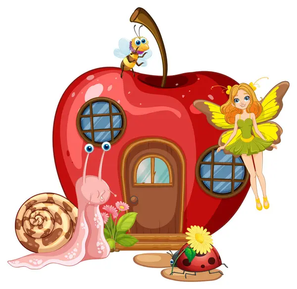 stock vector Fairy, snail, bee, and ladybug at apple house