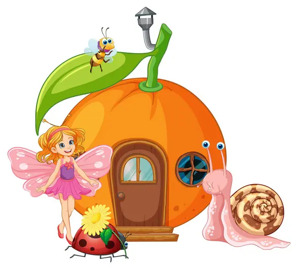stock vector Fairy, insects, and snail near orange house