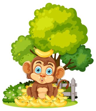 Muz ve ağaçlarla çevrili şirin maymun.