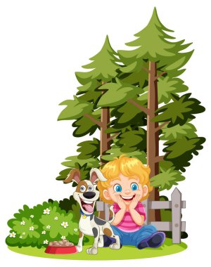 Mutlu çocuk ve köpek ağaçların yanında oturuyor.