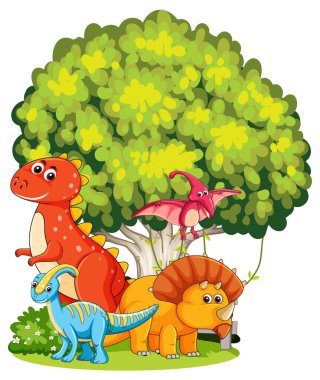 Büyük yeşil bir ağacın altında renkli dinozorlar