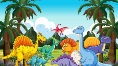 Dinozorlar canlı, yemyeşil orman ortamında