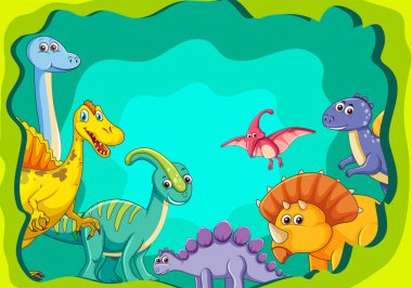 Canlı bir orman sahnesinde mutlu dinozorlar