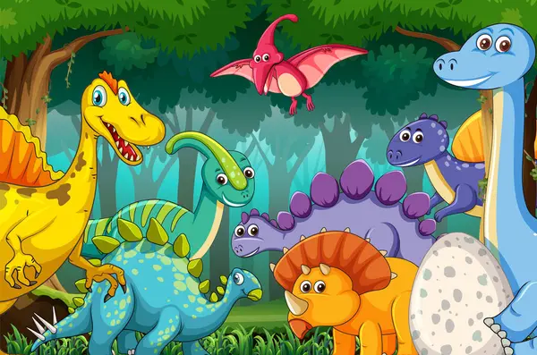 Canlı bir ormanda dinazorlar.