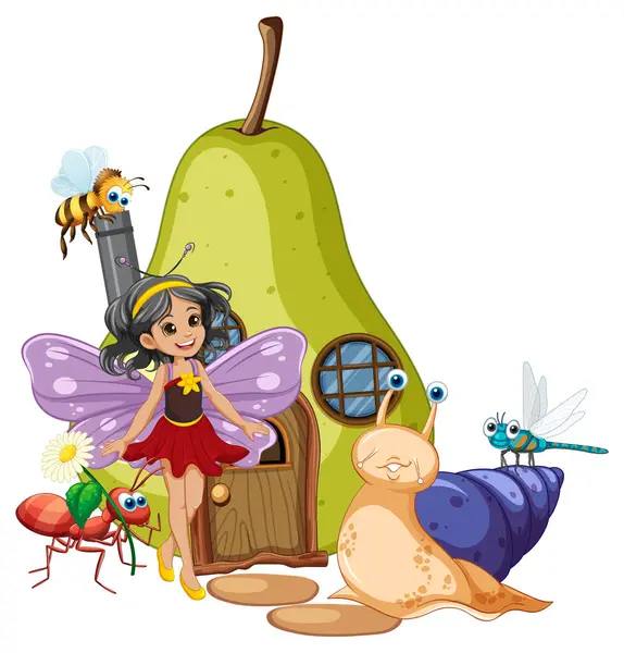 stock vector Fairy with insects near a pear house