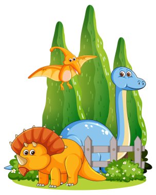 Üç dinozor yemyeşil bir bahçede