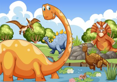 Canlı ve doğal ortamda renkli dinozorlar.