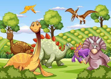 Canlı, yeşil bir ortamda renkli dinozorlar