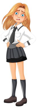 Okul kıyafetiyle kafası karışmış bir kız.