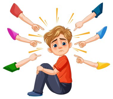 Üzgün çocuk, parmaklarıyla çevrili.