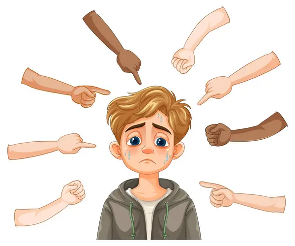 stock vector Sad boy surrounded by pointing fingers
