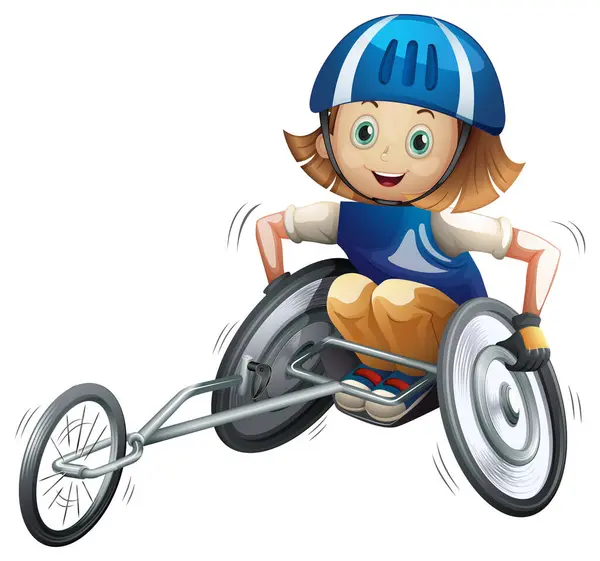 Stock vector Smiling child in a racing wheelchair