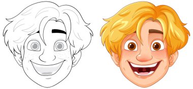 Gülen çizgi film yüzü ve sarı saçlar.