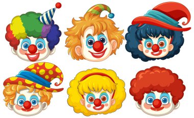 Değişik şapkalı altı canlı palyaço yüzü