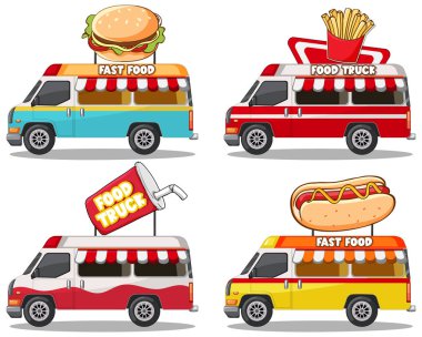 Çeşitli fast food ürünleri olan dört canlı yemek kamyonu.