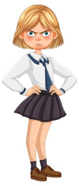 Okul üniformalı kızgın yüzlü sarışın kız.