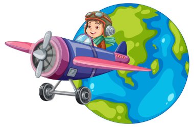 A pilot flying an airplane around Earth clipart