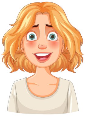 Gülümseyen kadın, anlamlı gözleri ve sarı saçları var.