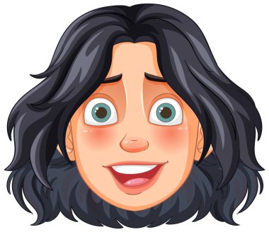 Gülen çizgi film suratlı, siyah saçlı.