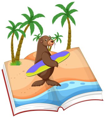 Seal with surfboard on beach scene book clipart