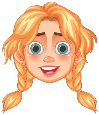 Sarı örgülü, büyük gözlü, gülümseyen kız.