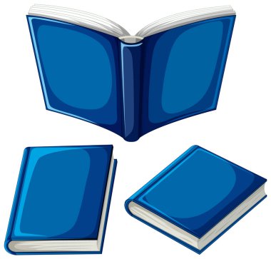 Farklı pozisyonlarda üç mavi kitap.