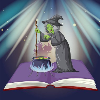 Kitap üzerinde kazan karıştıran bir cadı.