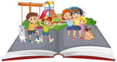 Çocuklar kitaptaki çocuk parkının keyfini çıkarıyorlar.