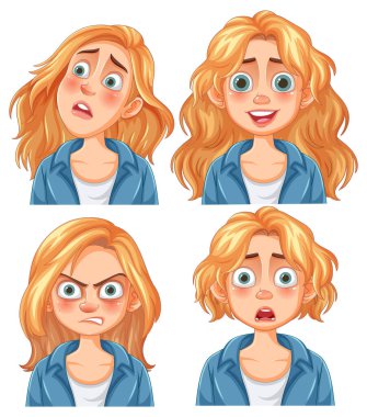 Bir kadının dört farklı yüz ifadesi.