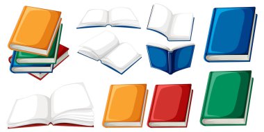 Farklı renk ve pozisyonlarda çeşitli kitaplar