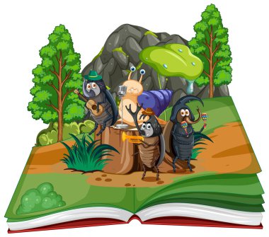 Açık bir kitapta enstrüman çalan böcekler