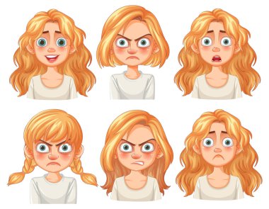Genç bir kızın altı farklı yüz ifadesi.