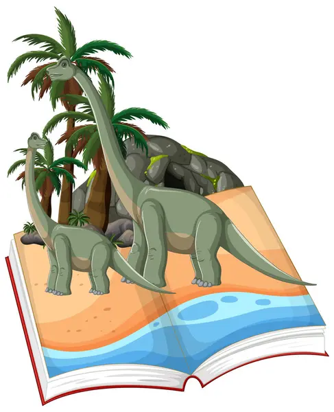 stock vector Dinosaurs emerging from a storybook on a beach