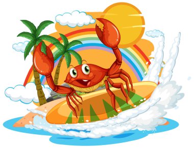 A cheerful crab surfing with a rainbow background clipart