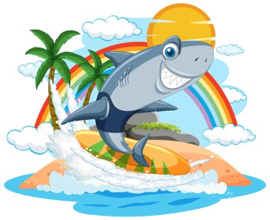 Güneşli bir adada sörf yapan bir köpekbalığı