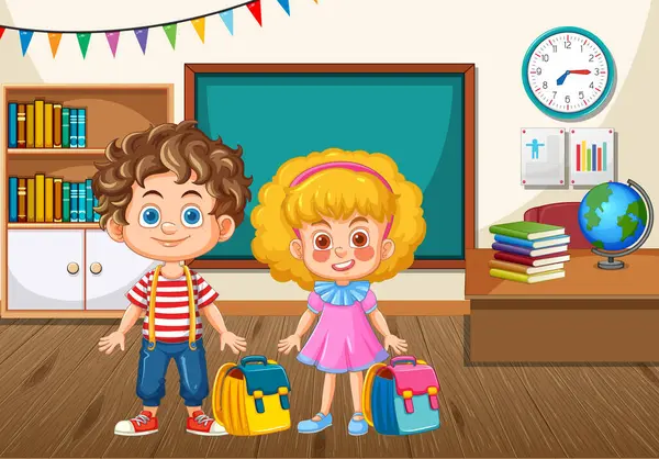 stock vector Two kids with backpacks in classroom