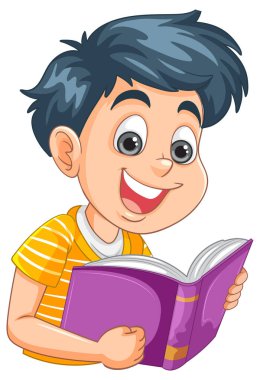 Gülümseyen çocuk mor bir kitaptan hoşlanıyor.