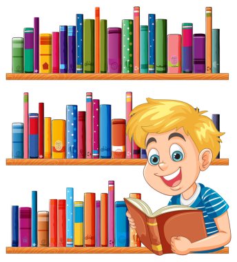 Mutlu bir şekilde kitap okuyan bir çocuk.