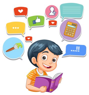 Etrafında dijital simgeler olan çocuk kitapları okuyor