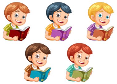 Beş çocuk renkli kitaplar okumaktan zevk alıyor.